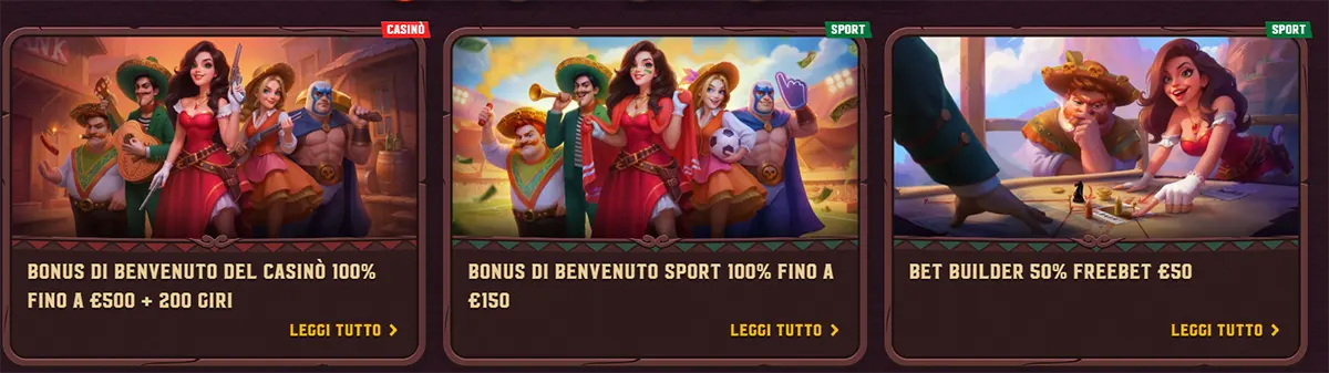 Promotional banner row for an Italian gaming site showing three offers: a casino welcome bonus of 100% up to €500 plus 200 free spins, a sports welcome bonus of 100% up to €150, and a bet builder promotion with a €50 freebet.